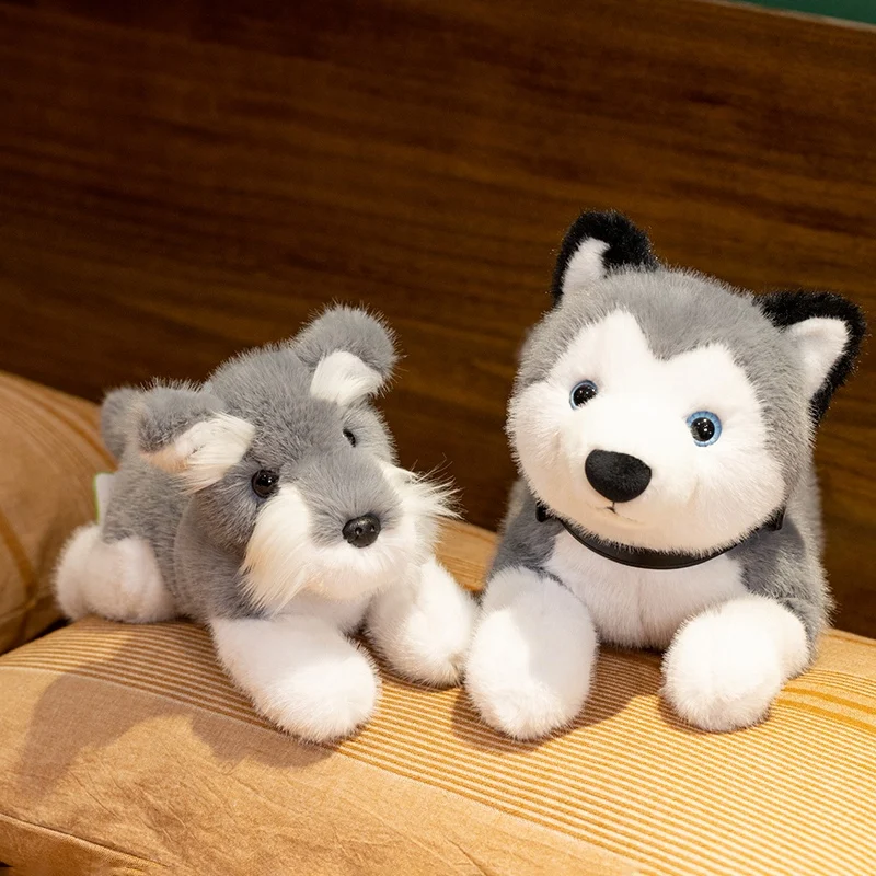 Simulation RealLife Lying Schnauzer Plush Toys Soft Stuffed Fluffy Animals Cute Puppy Husky Dolls for Kids Birthday Gifts Decor