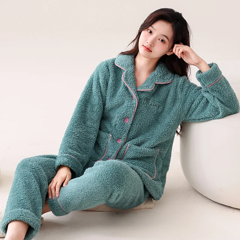 Big Size M-2XL  Women Pajama Set Winter Warm Flannel Sleepwear Turn-down Collar Nightwear