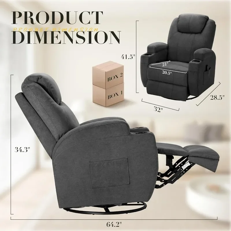 

Recliner Chair, 360° Swivel Rocker Chair for Adults, Rocking Recliner Chair with Massage, Comfy Single Sofa (Fabric, Gray)