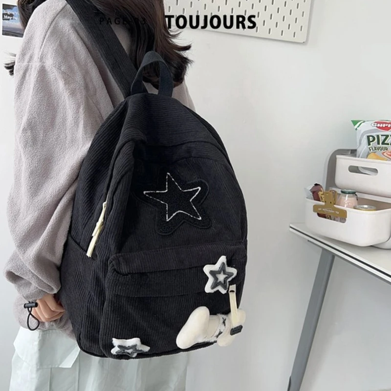 Cute Y2K Aesthetic Backpack Stars Pattern Preppy Rucksack College Student Computer Backpack Corduroy Bookbag for Girl