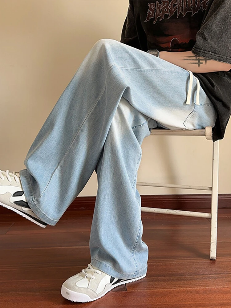 

Ледяные синие шелковые мужские летние тонкие прямые повседневные брюки, драпированные свободные подростковые джинсы с высокой талией и удлиненной длиной