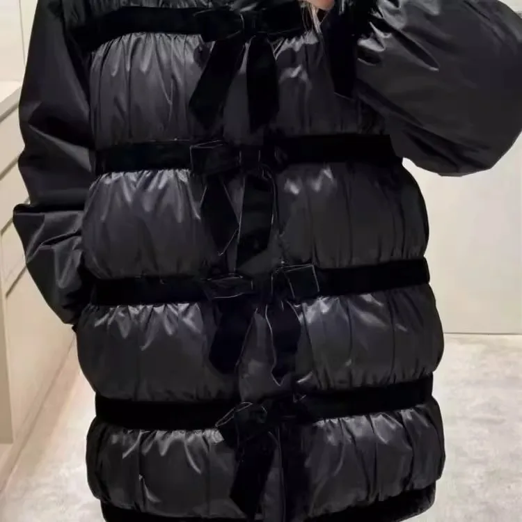 سترة أسفل 25 خريف/شتاء نمط جديد بزر أمامي مزين بفيونكة مخملية سترة متوسطة الطول