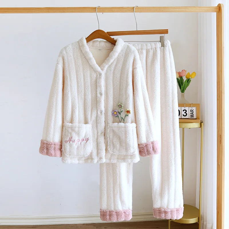 

White Flannel Sleeping Sleepwear Winter Pajama Lounge Sets Womens 2 Piece Home Wear Underwear Thickened Warmth Pyjama Set