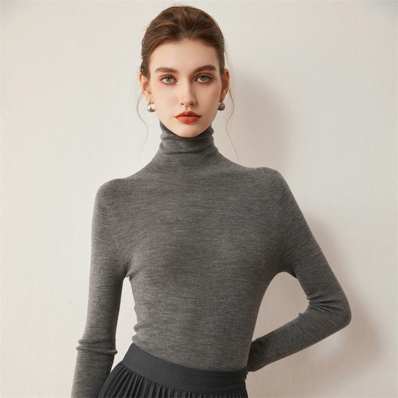 Women's 100% Wool Yangtze Yarn Pullover High Neck Slim Fit Base Tops Layer French Minimalist Solid Knit Sweater Ready to Wear