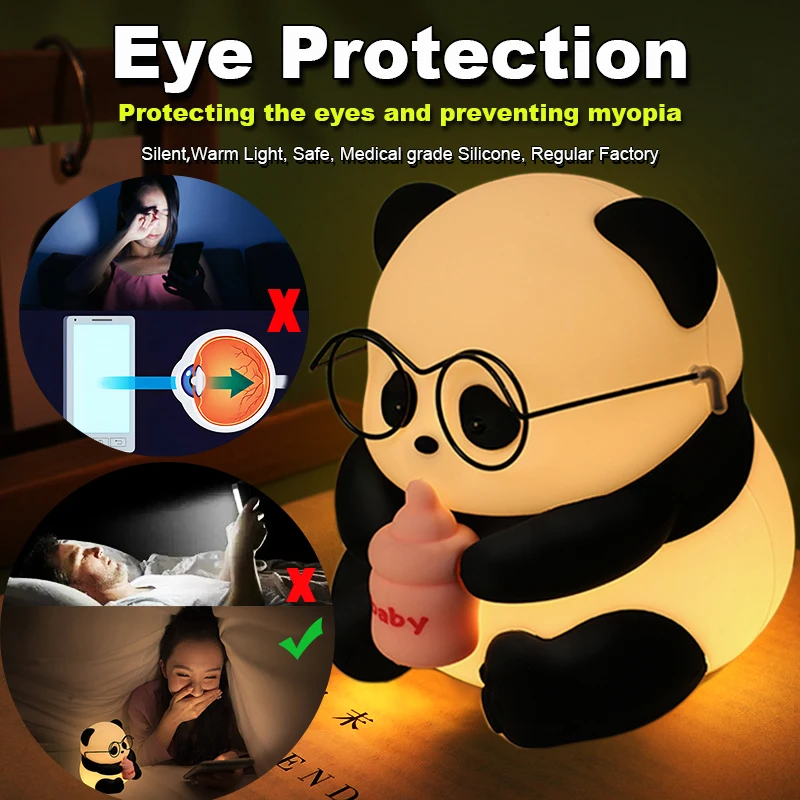 Lâmpada Panda com Proteção para os Olhos, Luz Noturna LED Recargável, Lâmpada de Silicone Fofa, Luz de Cabeceira com Dimerização, Luz de Dormir para Crianças, Presente de Aniversário