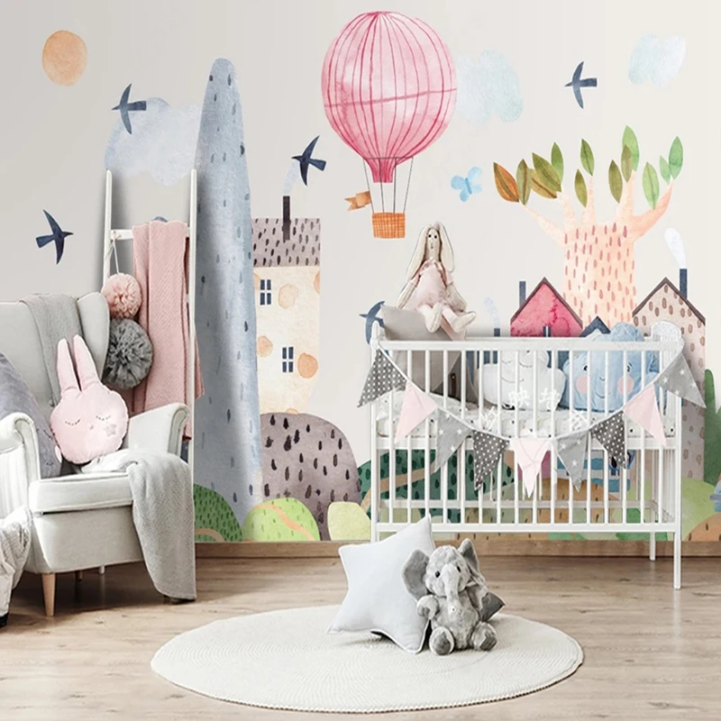 Modern Minimalist Wallpaper For Kids 3D Hand-painted Cartoon Watercolor Hot Air Balloon House Bird Children's Room Mural Custom