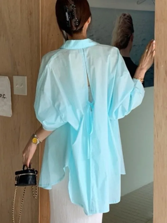 

Ele Casual Loose Long Sve Pure Color Women's irt Spring New Design Ba Split ing Item Fem Top