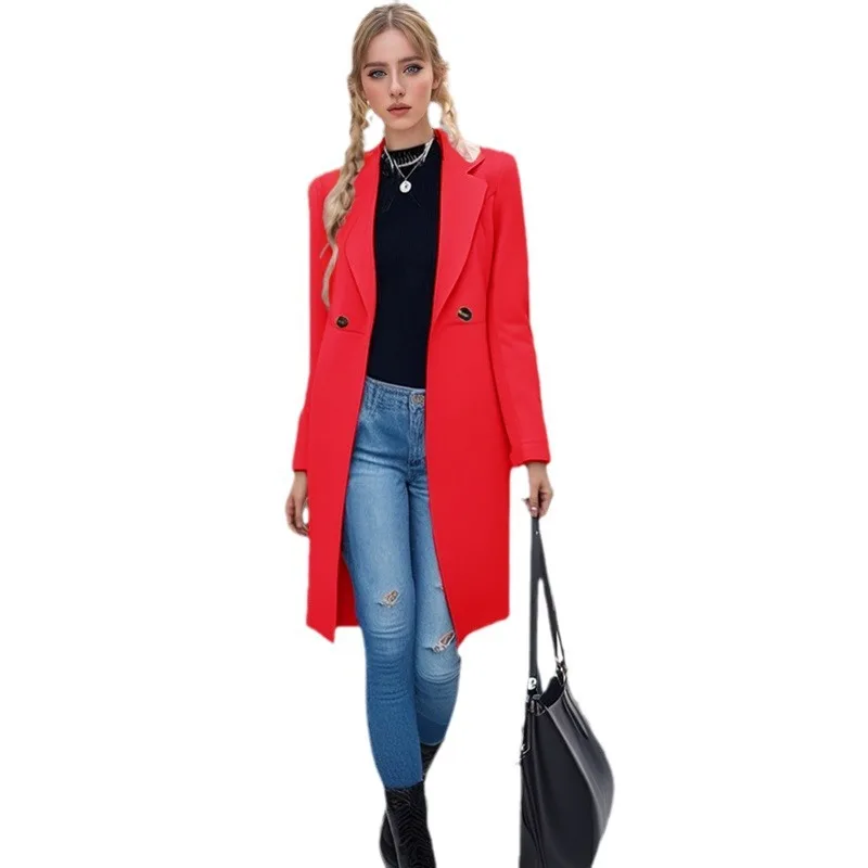 Elegant Long Single-breasted Woolen Women's Coat with Waist-cinching Belt and Double-breasted Design for Autumn and Winter