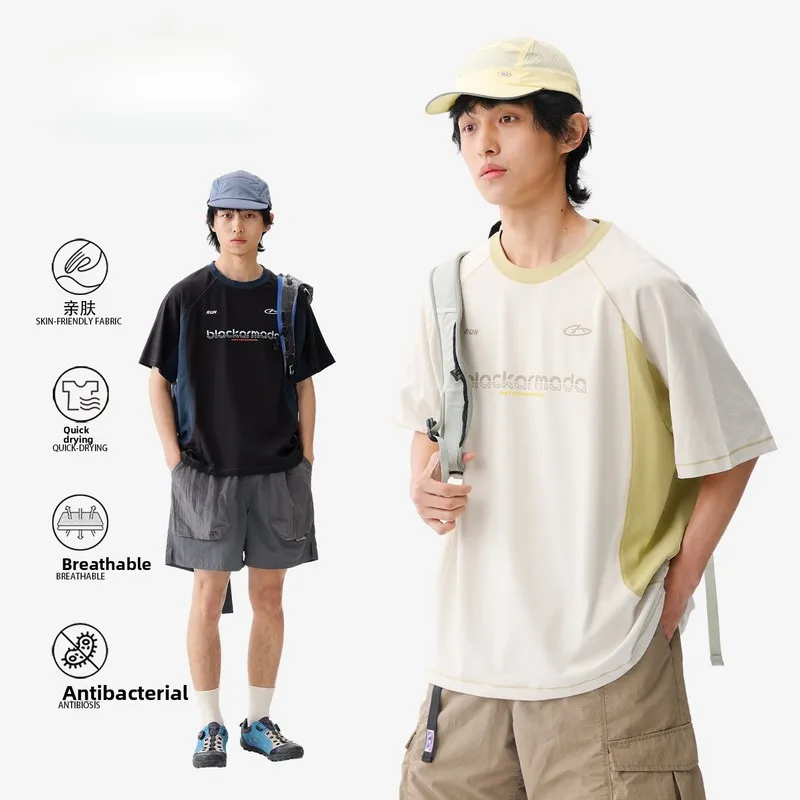 QICHE Color Block Crew Neck Tee Men American Vintage Loose Unique Design Breathable Casual Sports Half Sleeve Top