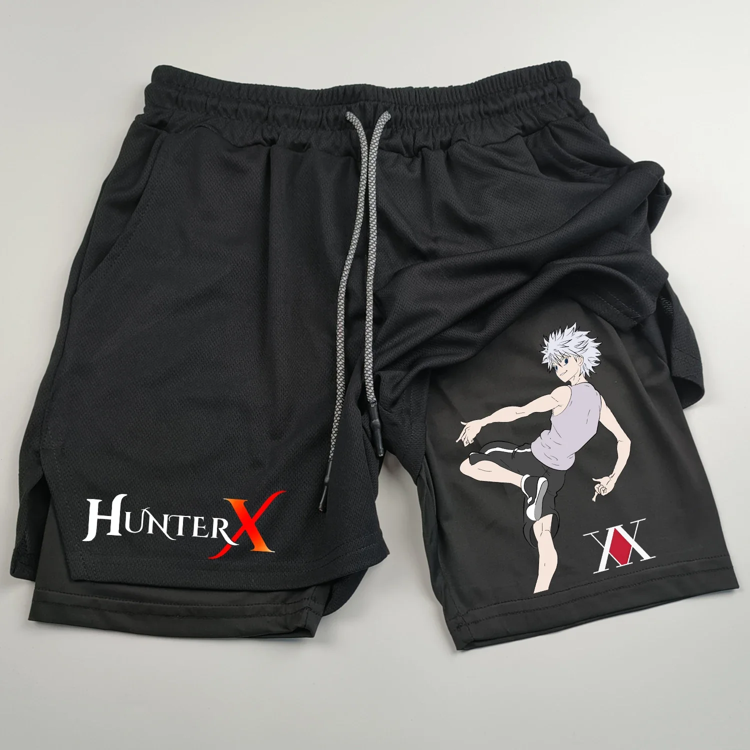 Męskie spodenki sportowe Anime Hunter X Hunter 2 w 1 Dwuwarstwowe spodenki Szybkoschnące Oddychające spodenki do biegania Fitness