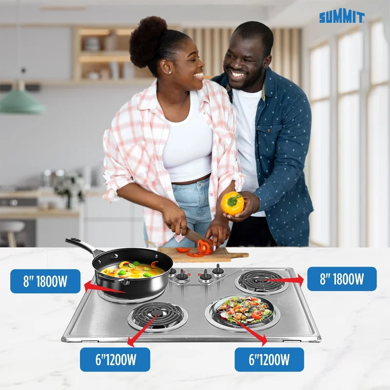 موقد كهربائي Summit 30 بوصة 4 شعلات، موقد كهربائي بملف 230 فولت، متوافق مع ADA، من الفولاذ المقاوم للصدأ - CR430SS