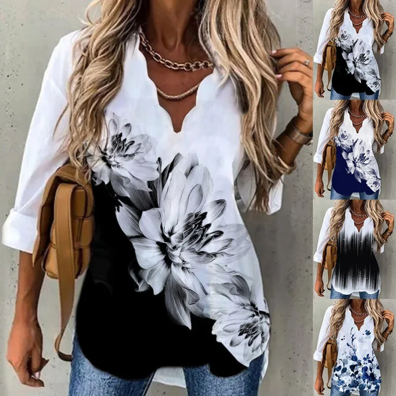 

Spring Summer Women Long Sleeve Print Shirt Women Pullover V Neck Tee Shirt Top Women Casual Loose Pullover Blouse Shirt