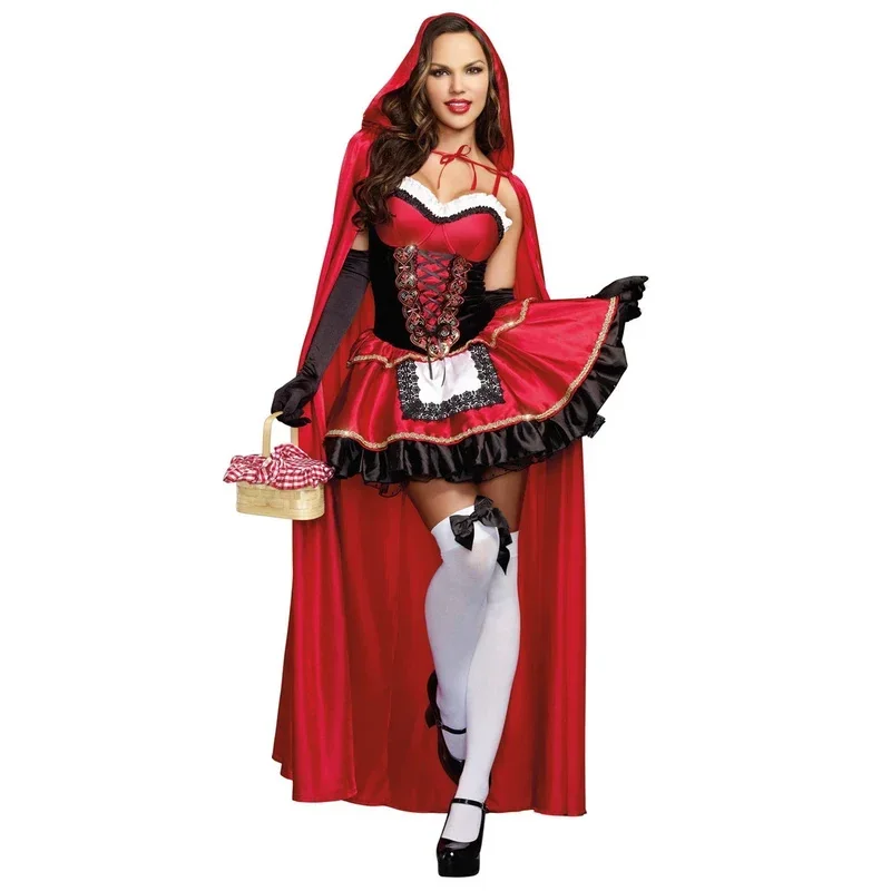 2018 Little Red Riding Hood Outfit Costume Adult Women Halloween Cosplay Fancy Dress Hen Party Cape Set MN1