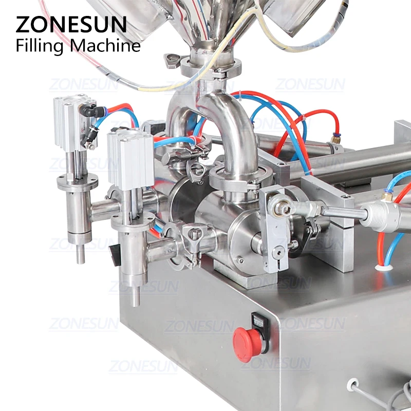 ZONESUN Paste Mixing Filling Machine With Heater Double Heads Piston Liquid Chocolate Curry Sesame Cream Jam Bottle Production