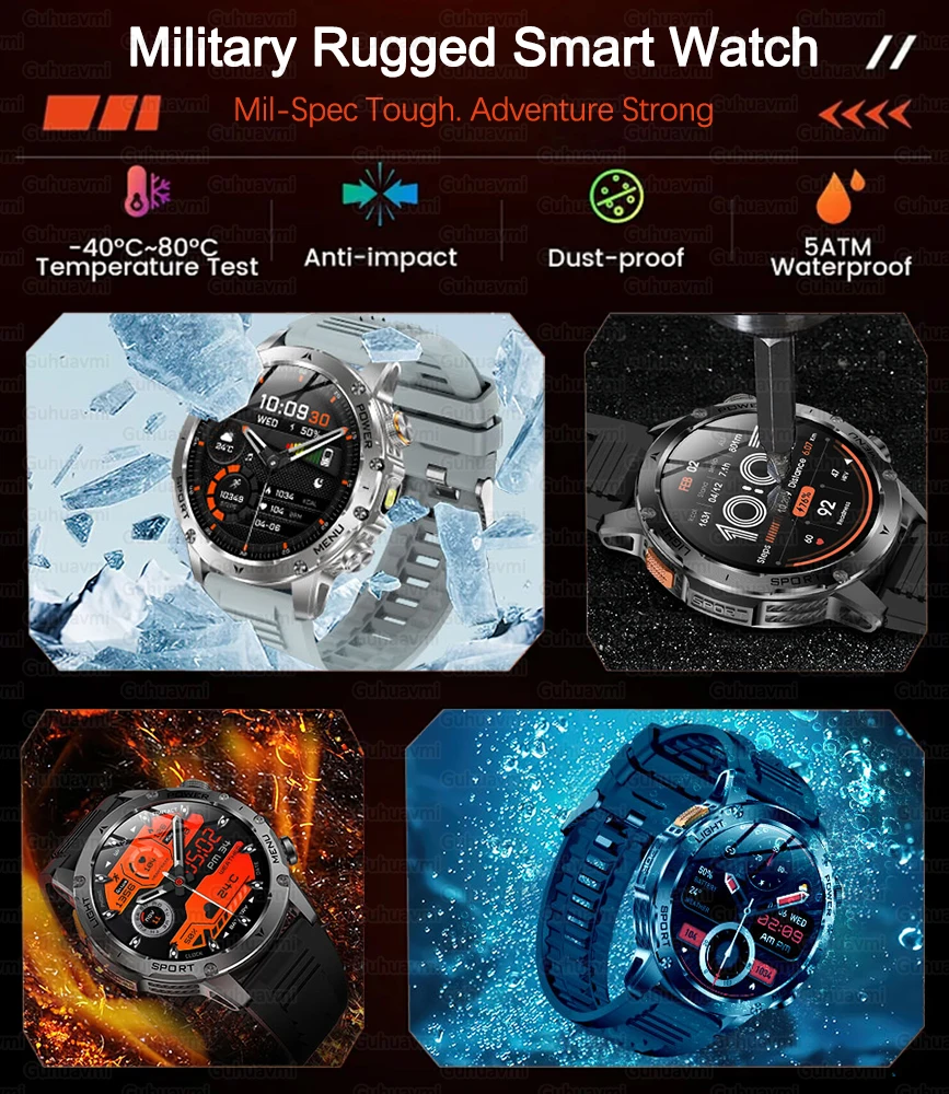 New Outdoor Sports Military Grade 1000mAh Battery Smart Watch 5ATM Waterproof HD AMOLED Flashlight Sports Smart Watches For Man
