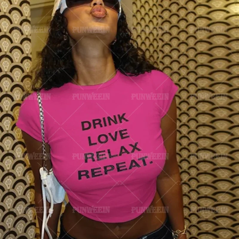 Drink Love Relax Repeat Punk Harajuku Baby Tees Y2K Gothic Letter Emo Girls T-Shirt Sexy Slim Casual Chic Streetwear Crop Tops
