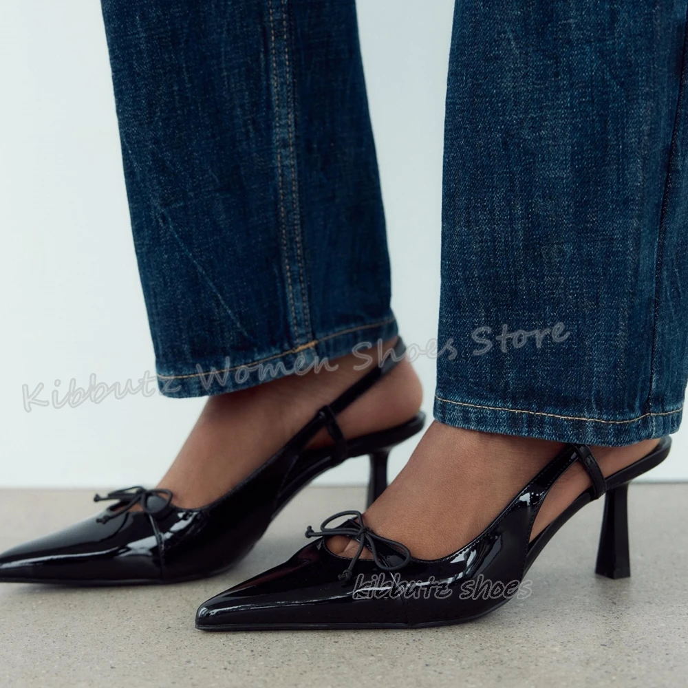

Bow Pumps Genuine Leather Fashion Novelty Concise Elegant Solid Color Party Dress Women Shoes Pointed Toe Kitten Heels Slip-On