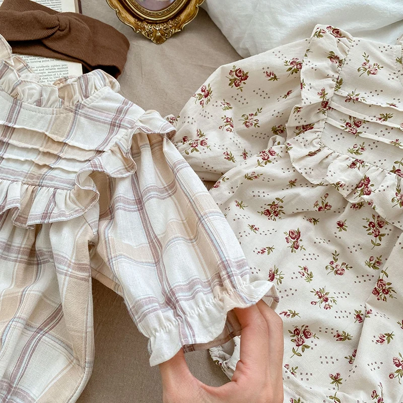 2023 Baby Girl Plaid Rompers Toddler Girls Long Sleeves Jumpsuit Infant Girls Floral Rompers Princess Spring Autumn Clothes