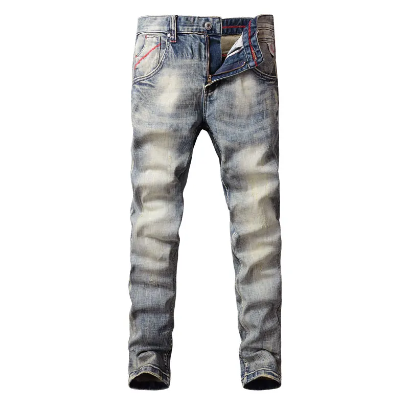 Fashion Designer Men Jeans Retro Washed Stretch Elastic Slim Fit Ripped Jeans Men Trousers Italian Vintage Denim Pants Hombre