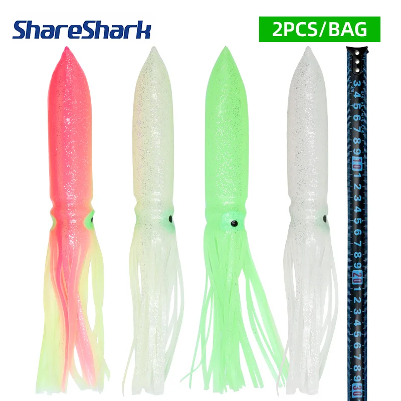ShareShark 2 Stück/Beutel 30cm Weicher Oktopus-Rock Leuchtender Angelköder Salzwasser-Thunfisch-Angelköder Tintenfisch-Röcke Weicher Schleppköder