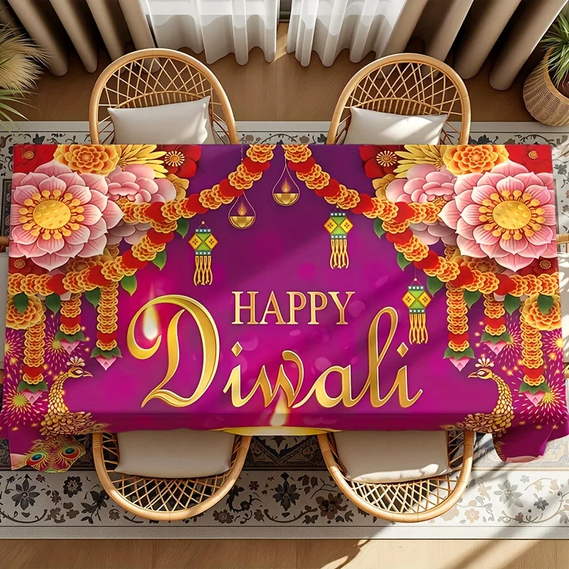 Happy Diwali Festival of Lights Rectangle Tablecloth for Table Decor Reusable Kitchen Dining Tablecloth Diwali Decorations