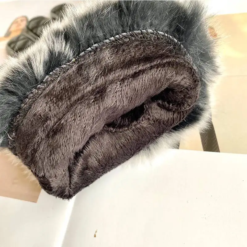Luvas de couro genuíno para mulheres inverno real rex pele de coelho engrossado luvas com pelúcia natural fofo pele luvas quentes