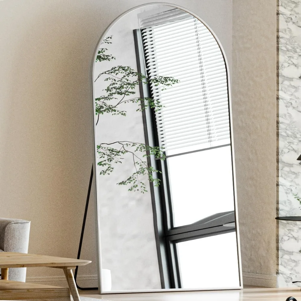 アーチ型トップの全身鏡、スタンド付き、76x34インチ、寝室用、壁掛けまたは置き型、エレガントなアーチデザイン