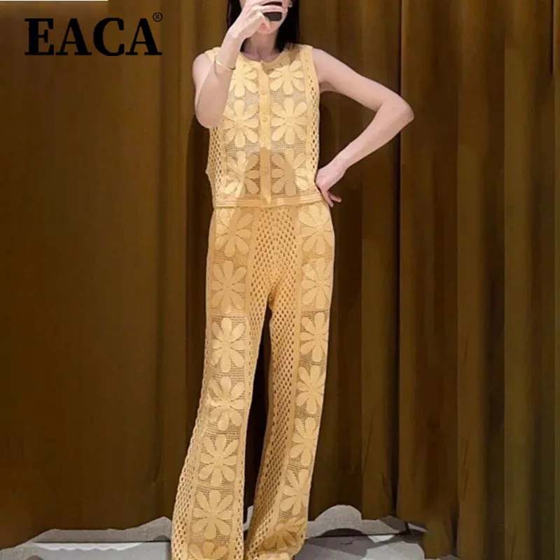 

EACA 2025 Summer Yellow Floral Cutout Round Neck Sleeveless Knit Top & Pants Set Youthful Fashion Lightweight Two Piece Outfit