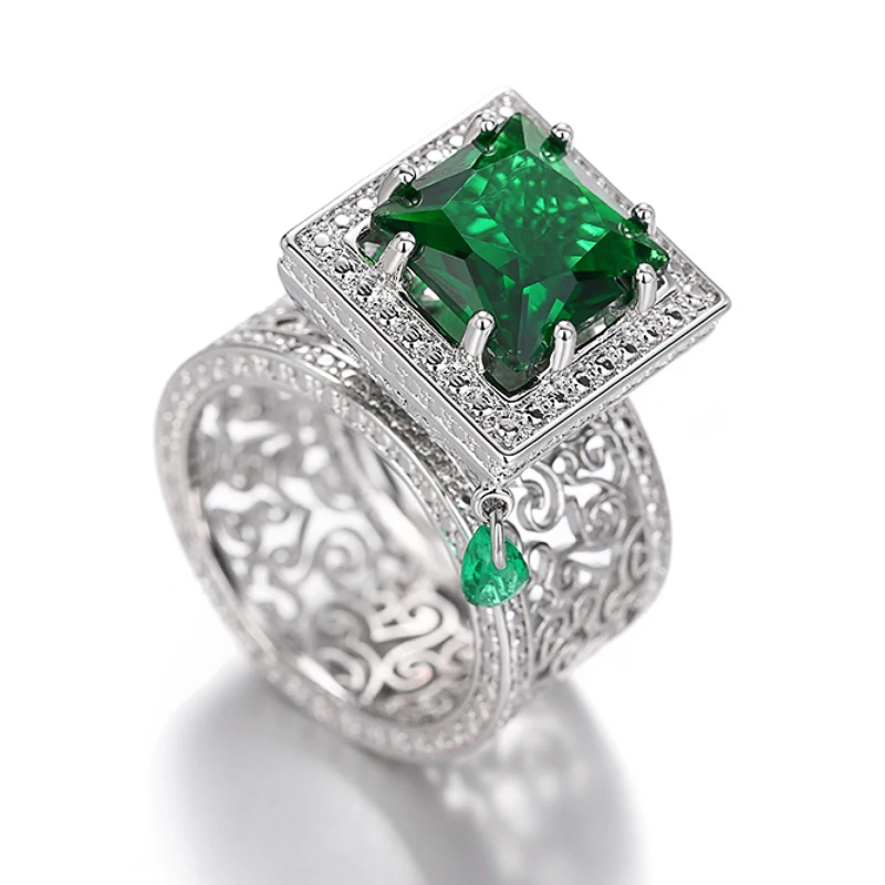 Huitan Square Green Cubic Zirconia Rings Gorgeous Hollow Pattern Women Accessories Unique Wedding Rings Gift New Trendy Jewelry