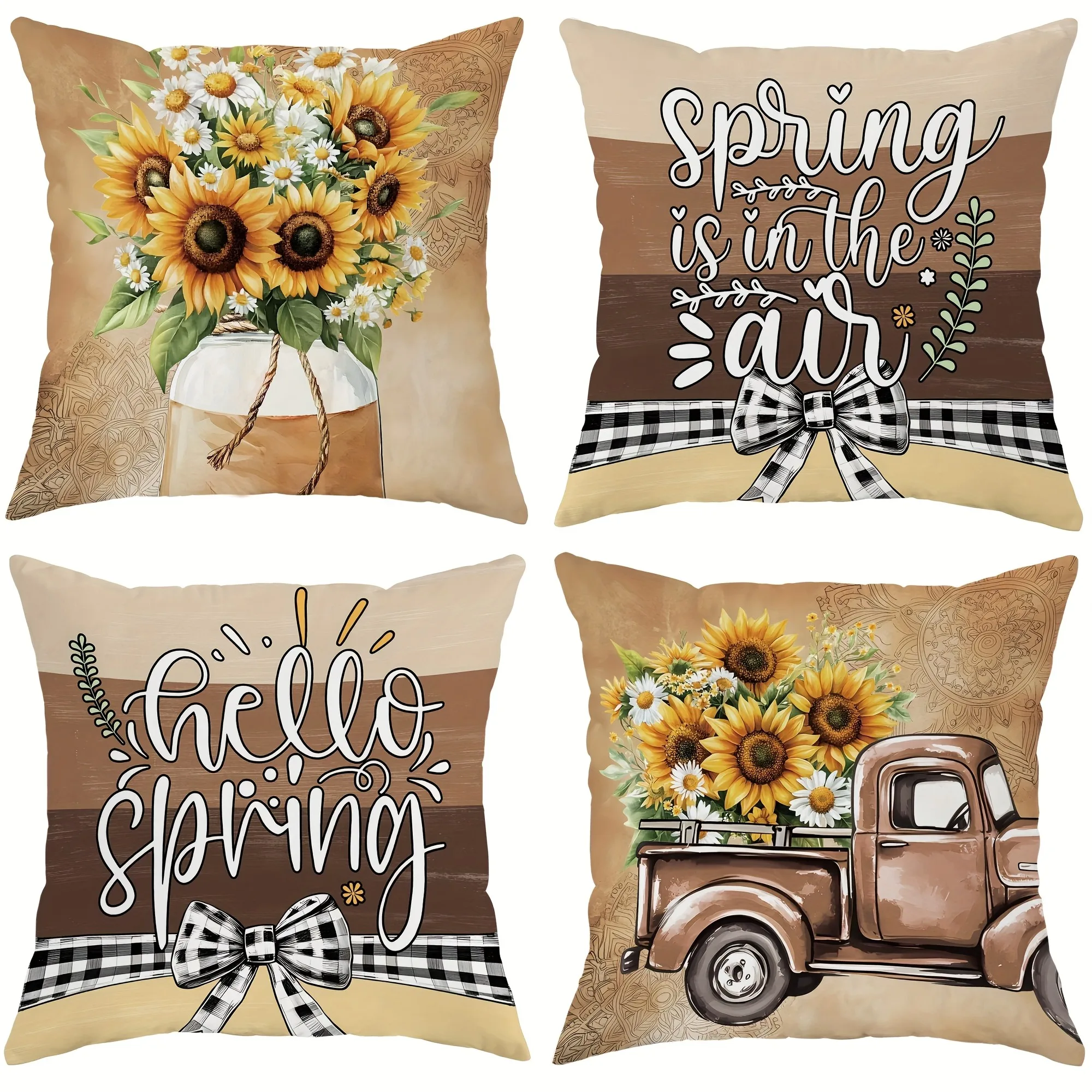 Sunny Spring Pillow Cover: Cheerful Sunflowers, Vintage Truck and Spring Greetings, Sofa Cushion Cover, Bedroom Room Decor