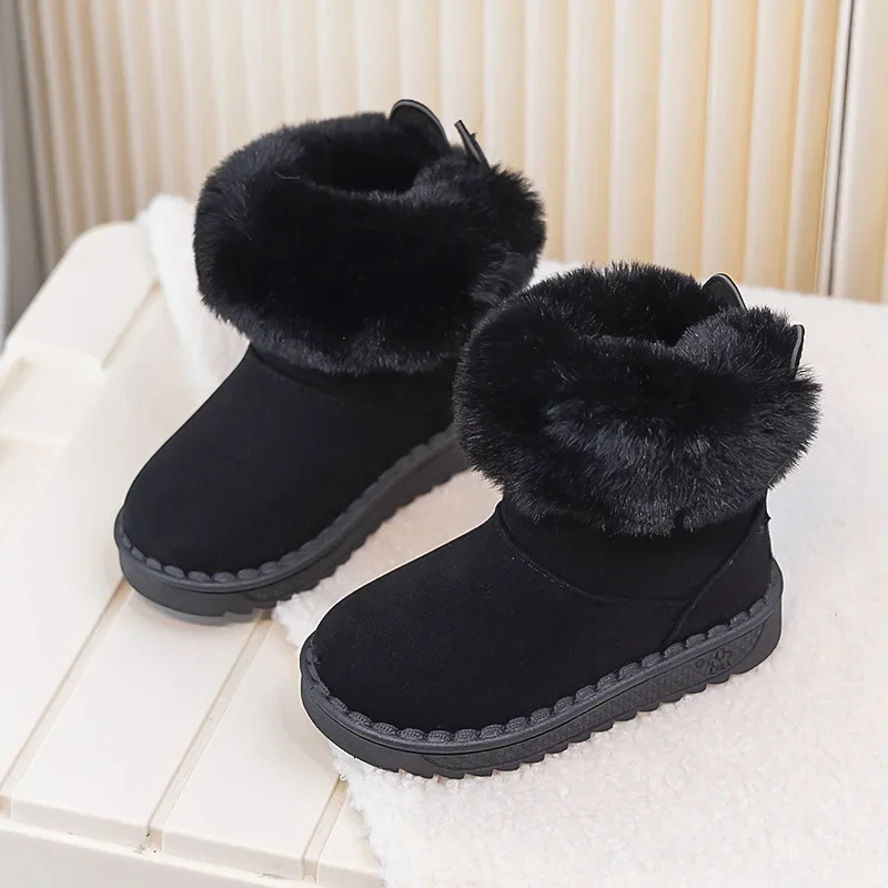 

Children Winter Thickened Soft Soled Cotton Boots Boys Add Velvet Snow Boots Girls Plush Rabbit Ears Rhinestones Solid Color