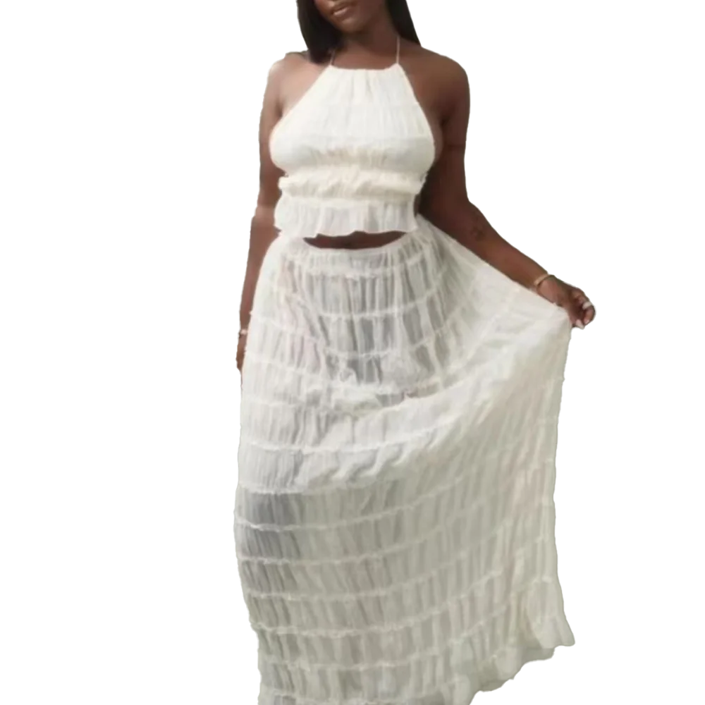 

Mia Muse Select Элегантные облегающие тонкие гофрированные плечи с лямкой на шее и естественной талией макси-комплекты для женщин однотонные летние комплекты