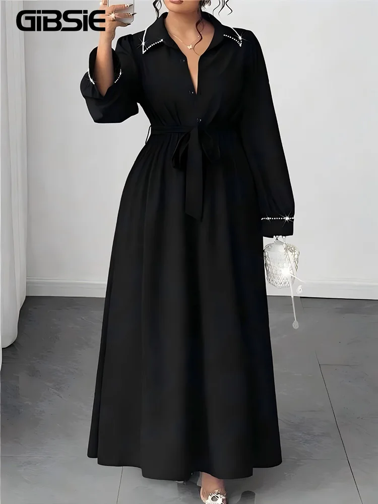 

GIBSIE Плюс Размер Половина пуговиц с воротником с лацканами и поясом Платье-рубашка Женское весенне-осеннее черное платье макси с длинным рукавом Элегантные большие качели
