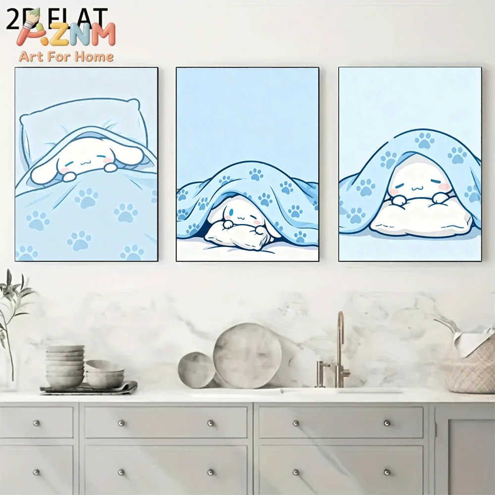 AZNM Cinnamoroll Canvas Wall Art Unframed Cute Cartoon Print Poster Sleeping Puppy Paw Pattern Blue Blanket Pillow Design for Gi