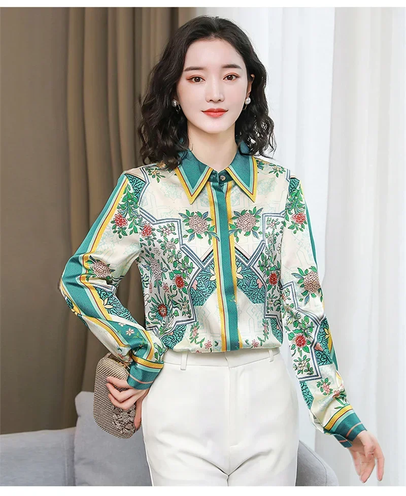 블라우스 camisa blusa mujer Green Floral Summer Shirt Woman Fashion Elegant Casual Female Shirt Long Sleeve Blouse Tops 6279