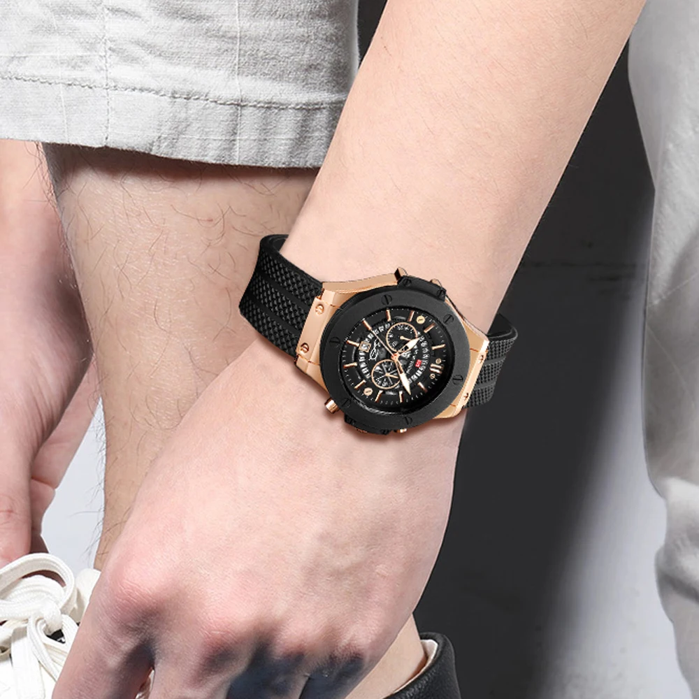 ساعة يد رجالي من السيليكون الأسود مقاس 46 ملم بمينا كبير وذهبي وردي ونمط عسكري عصري وحركة كوارتز أصلية رياضية