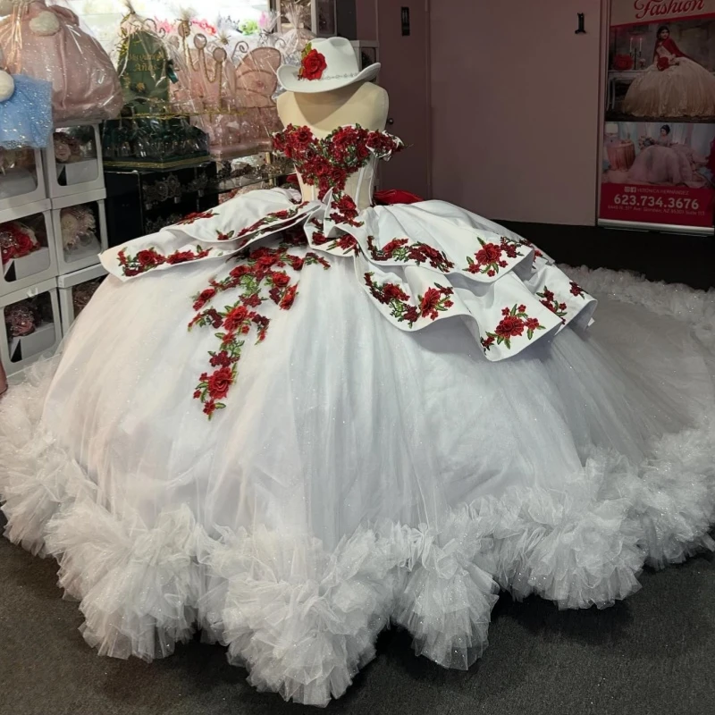

White Shiny Quinceanera Dresses Off The Shoulder Applique Flower Beads Bow Corset Tiered Tull Party Birthday Sweet 16 Dress Vest