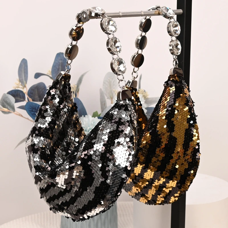 Fashionable Shiny Sequins Half Moon Bag Luxury Design Rhinestones Evening Clutch Party Bag for Women Diamond Chain Underarm Bag