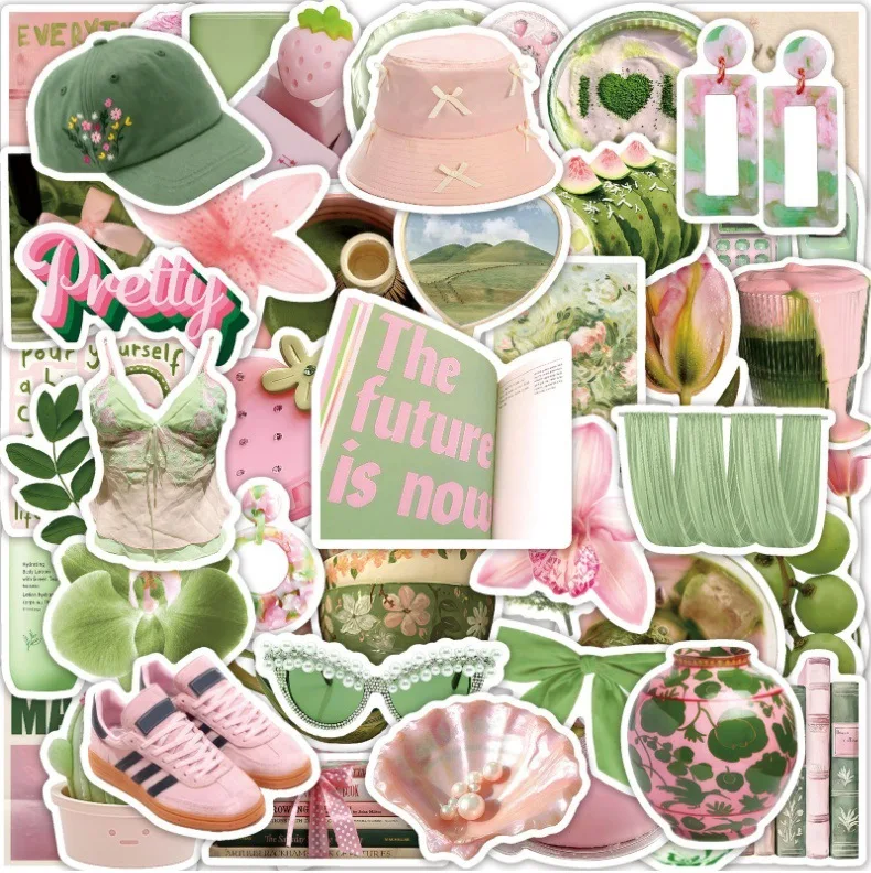 50er-Pack Sommerfrische Rosa-Grüne Koreanische Wasserfeste Aufkleber für Handy, Skateboard, Notizbuch, Gepäck, INS Ästhetische Sticker