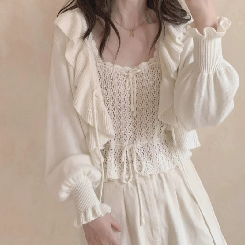 Autumn Kawaii Girls Lolita Knitted Cardigan Sweet Ruffles O Neck Lantern Sleeve Sweater Top Women Elegance Bandage Knitwear Coat