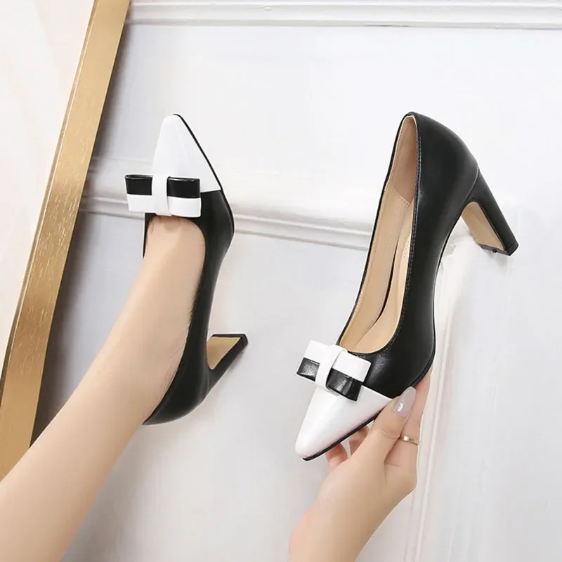 Fashion Modern High Heels Women Party Shoes Pointed toe Black White Shoes Brand Ladies Heels 8cm Plus Size 42 D136