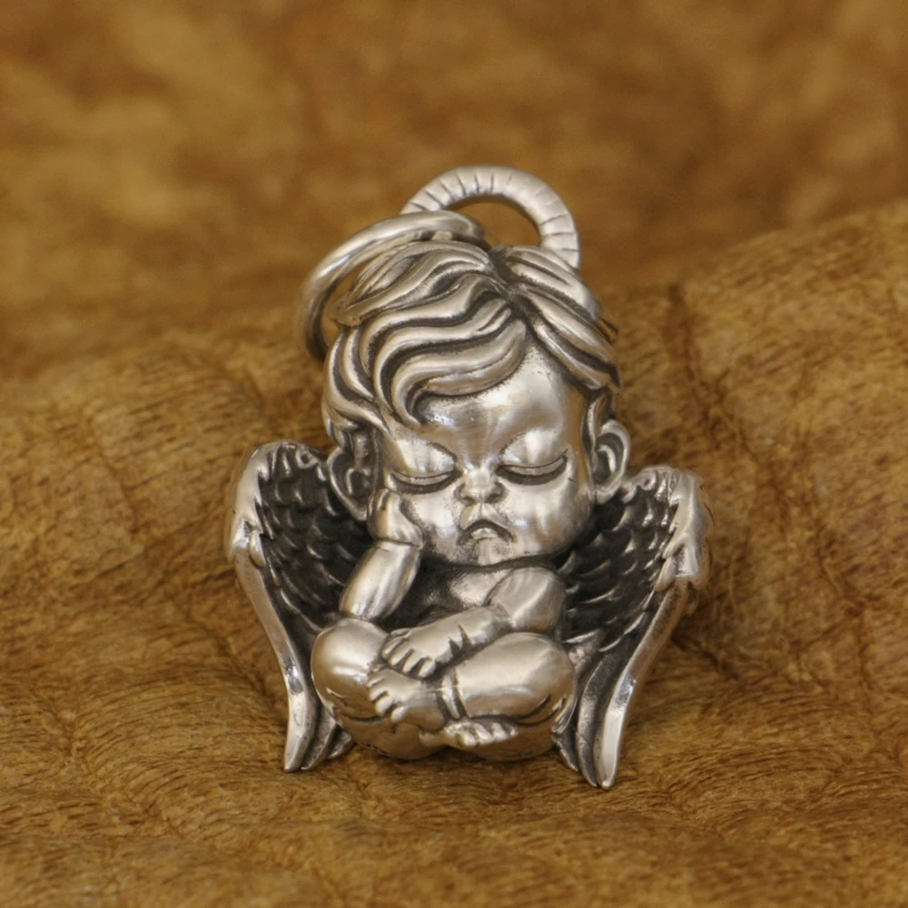 LINSION 925 Sterling Silver Cute Sleeping Angel Baby Pendant Q Version Gift TA361