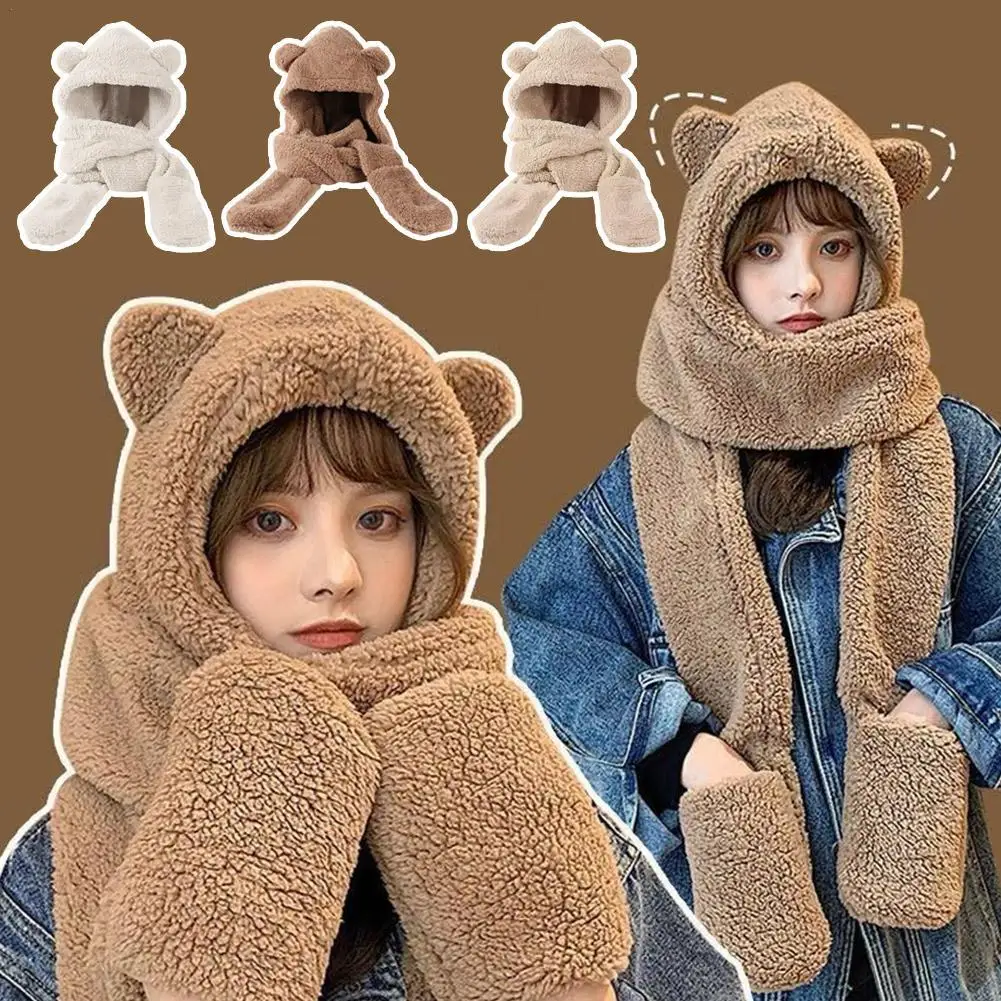 Winter Women Warm Beanies Caps Warm Bear Ear Hat Casual Plush Hat Scarf Set Casual Solid Women Caps