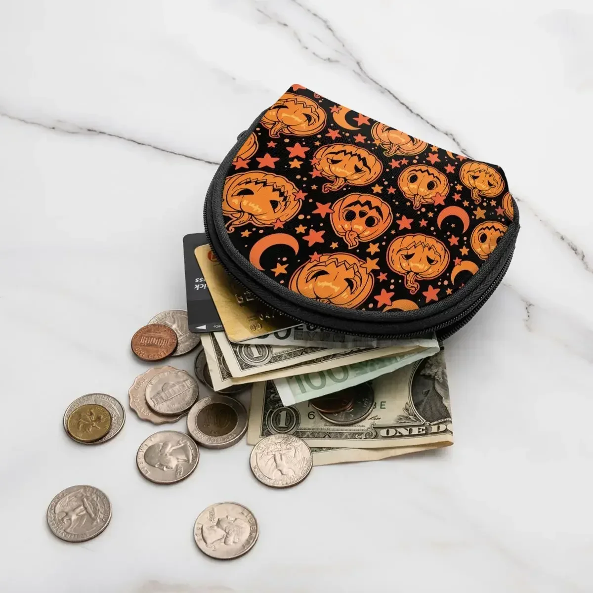 Orange Halloween Pumpkins and Moon 3D Printing Coin Purse para senhoras, Silver Bag, Travel Credit Card ID Gift