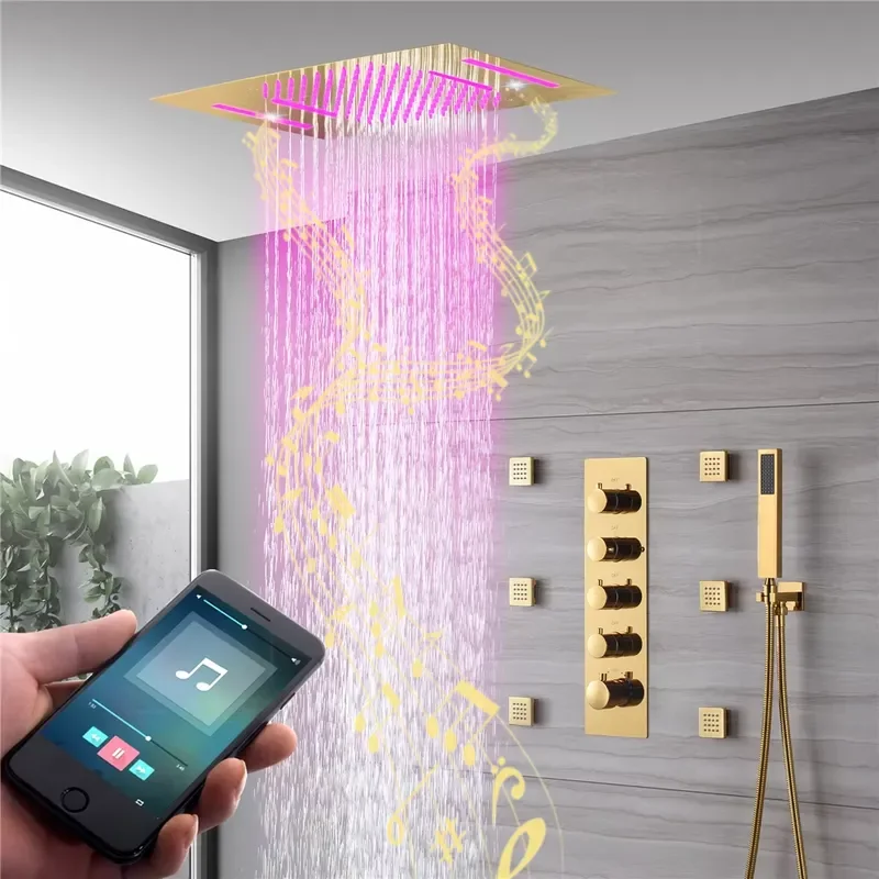 Bathroom Shower Faucet Brush Gold 64 Color 4 Function Ti-PVD Shower Faucet Thermostatic Shower Set With Music
