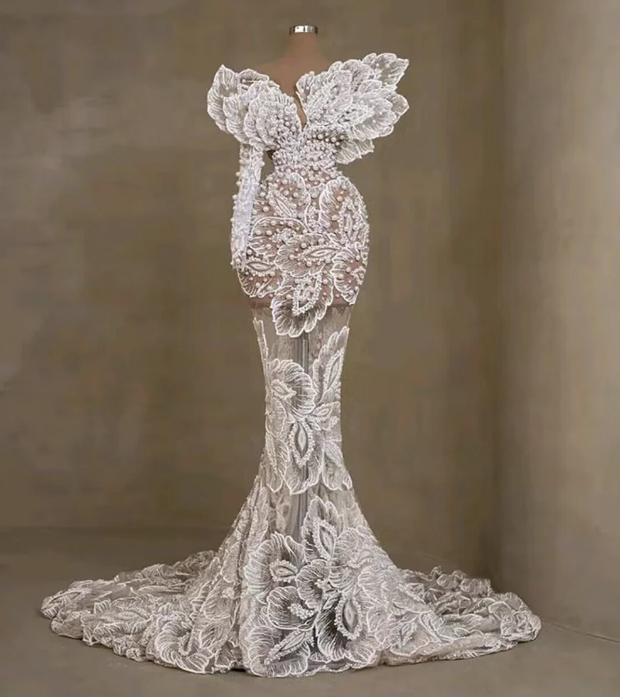 Abito su misura di fascia alta, stile europeo e americano, dolce ed elegante, abito da sposa leggero bianco perla tridimensionale, b