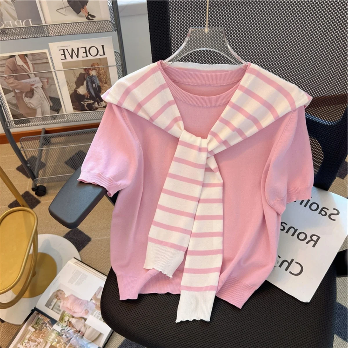 

Summer Women's Knitted Short Sleeve T-Shirt Shoulder Design Casual Commute Style Korean Version Regular Length