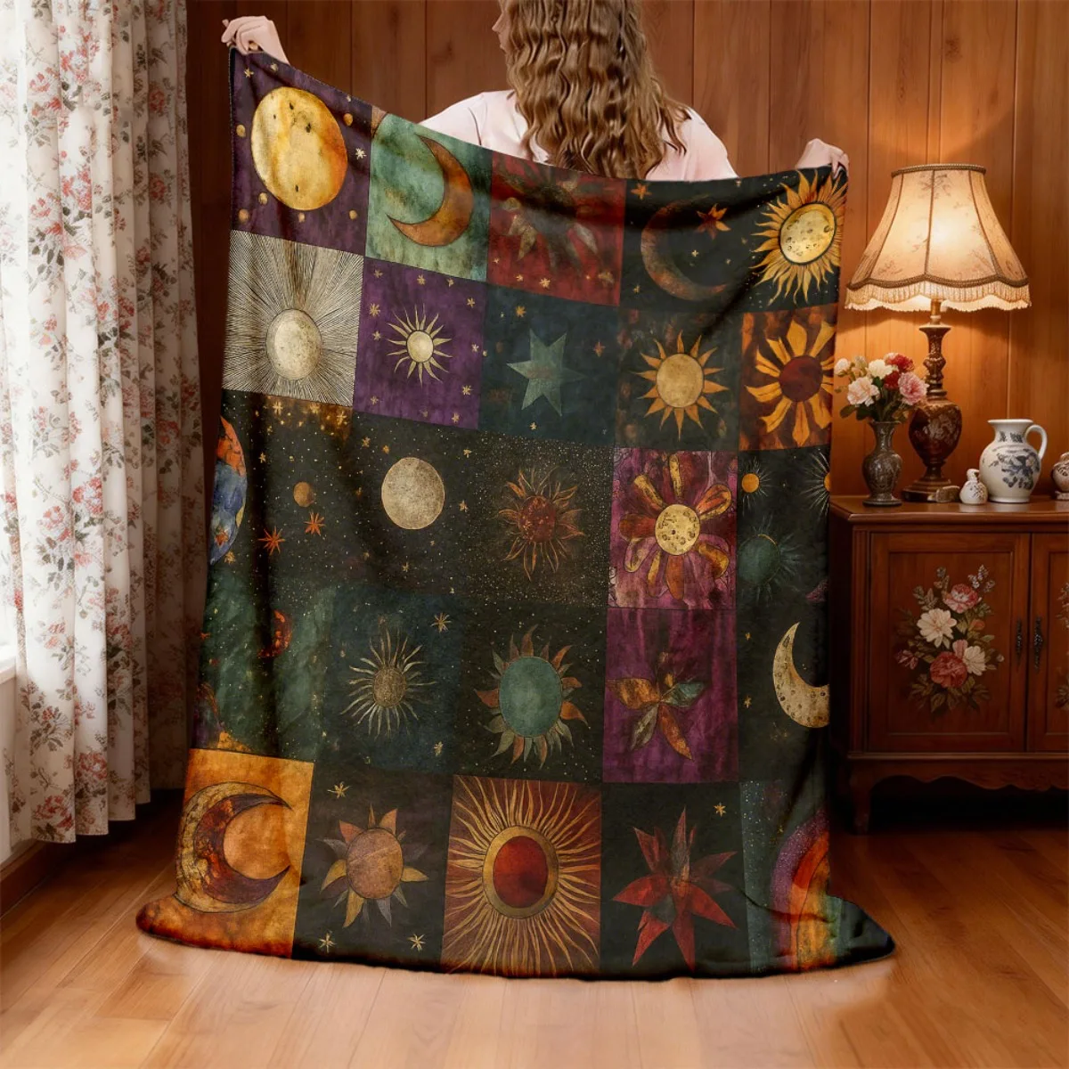 1pc Celestial Sun, Moon And Stars Flannel Throw Blanket - Cozy, Soft, Lightweight All-Season Comfort for Couch, Bed, Travel, And