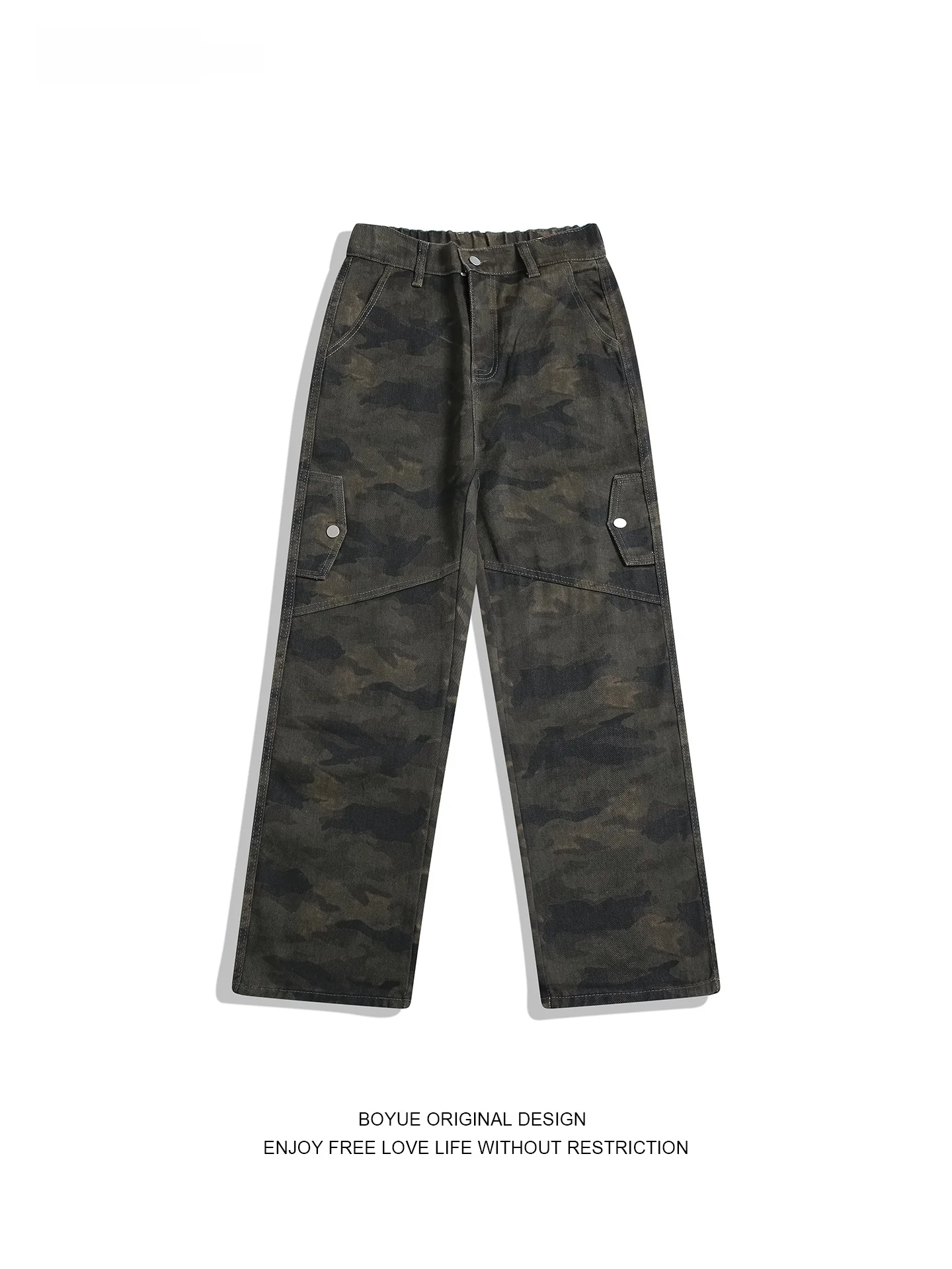

BOYUE American Workwear Camouflage Jeans Loose Straight Leg Casual Long Trousers for Men And Women with Multiple kets
