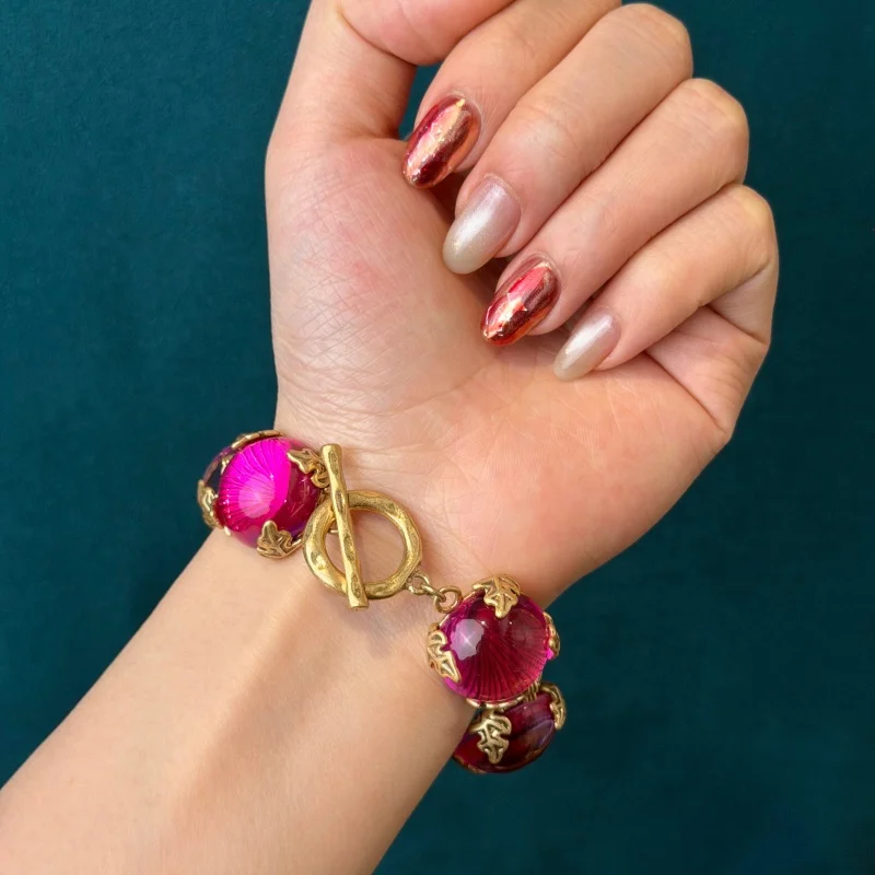 Vintage Transparent Powder Glass Round Bracelet For Woman Gold Color Victorian Wrist Elegant Rhinestone Jewelry Charm Gift New